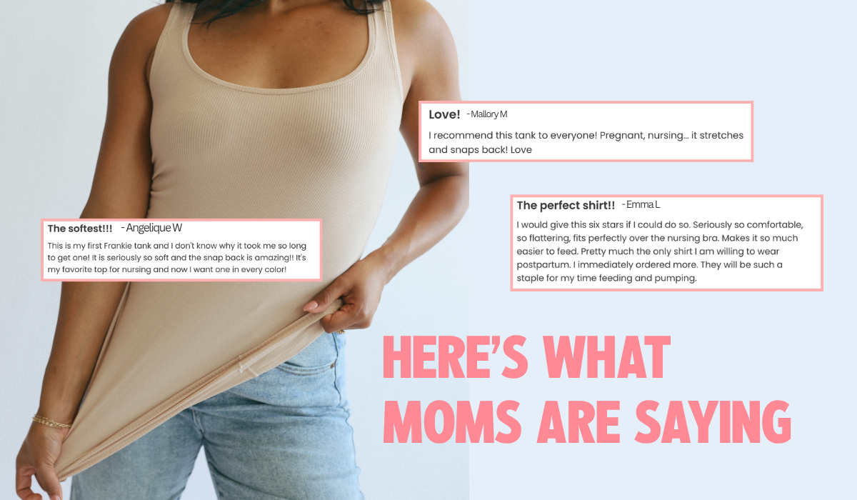 Mom stretching the Frankie Tank nursing tank with customer reviews calling it the perfect postpartum shirt, so soft with amazing snap-back