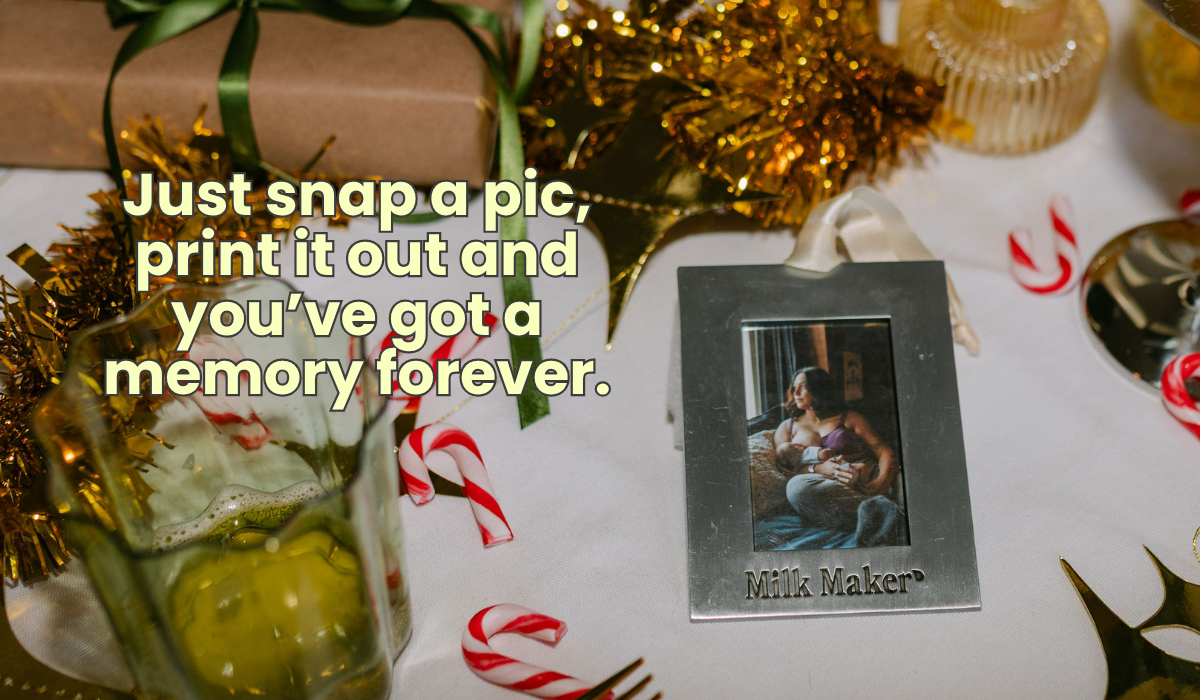 Silver Milk Maker photo frame Christmas ornament with ivory ribbon, holds a 2x3 breastfeeding photo, keepsake for nursing moms by The Little Milk Bar