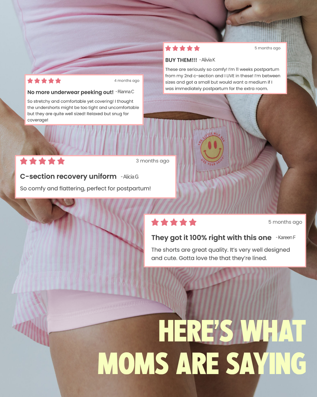 Mom holding her baby in the pink Postpartum Boxer Shorts with five-star customer reviews calling them a C-section recovery uniform with no underwear peeking out from the little milk bar