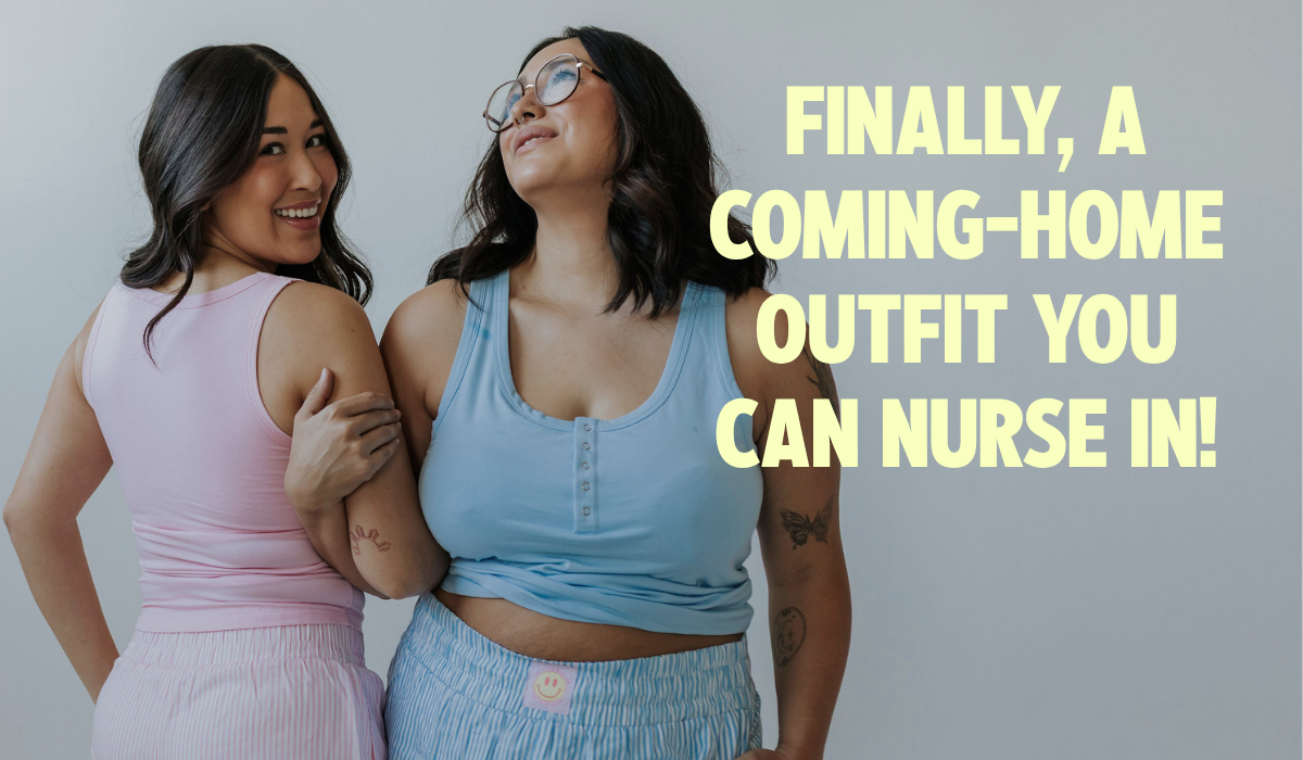 Two moms wearing the Postpartum Tank in pink and blue with matching pajama shorts, a cute coming-home-from-the-hospital outfit you can nurse in