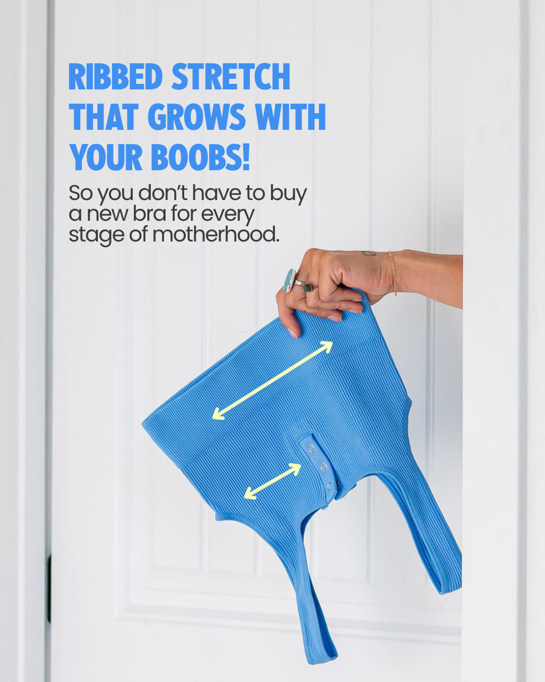 Hand stretching the ribbed fabric of the Allie Bra nursing bra in bluebird, showing how it stretches to fit every stage of motherhood