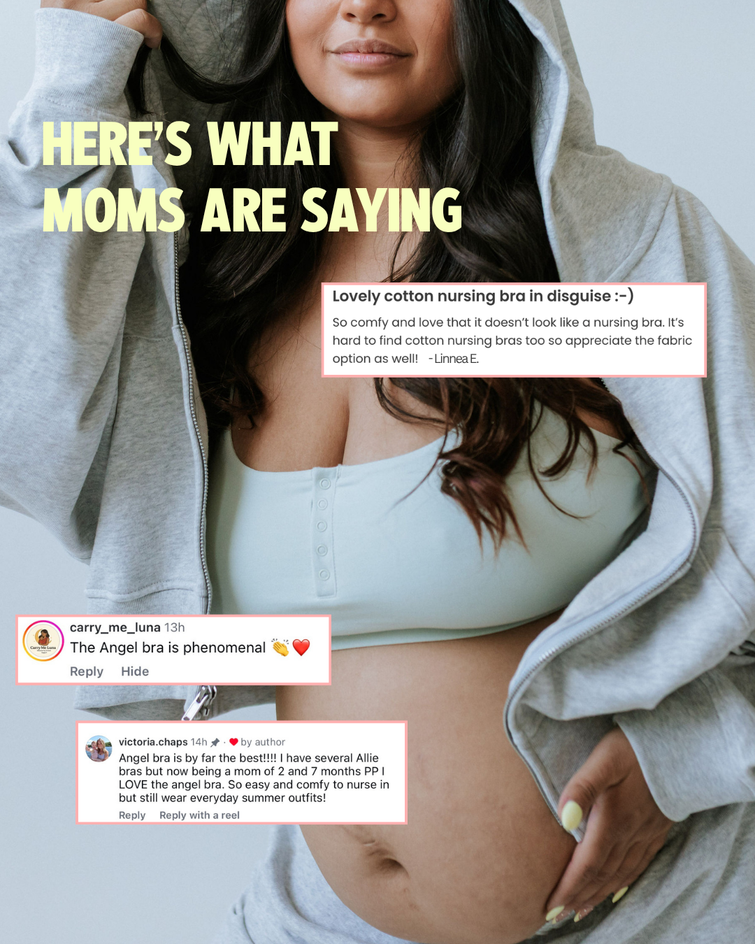 Pregnant mom wearing the Angel Bra, a cotton nursing bra, with customer reviews saying it's comfy and doesn't look like a nursing bra