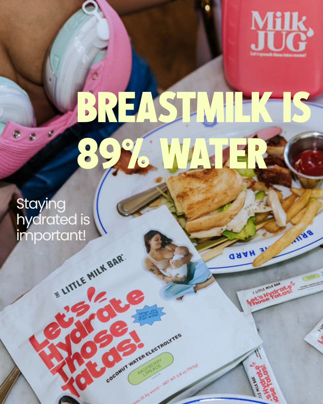 Breastmilk is 89 percent water — Let's Hydrate Those Tatas electrolyte drink mix sticks on a diner table next to a Milk Jug water bottle