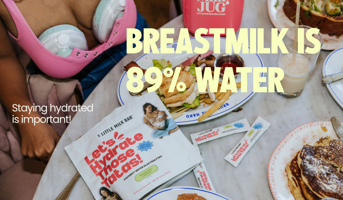 Breastmilk is 89 percent water — Let's Hydrate Those Tatas electrolyte drink mix sticks on a diner table next to a Milk Jug water bottle