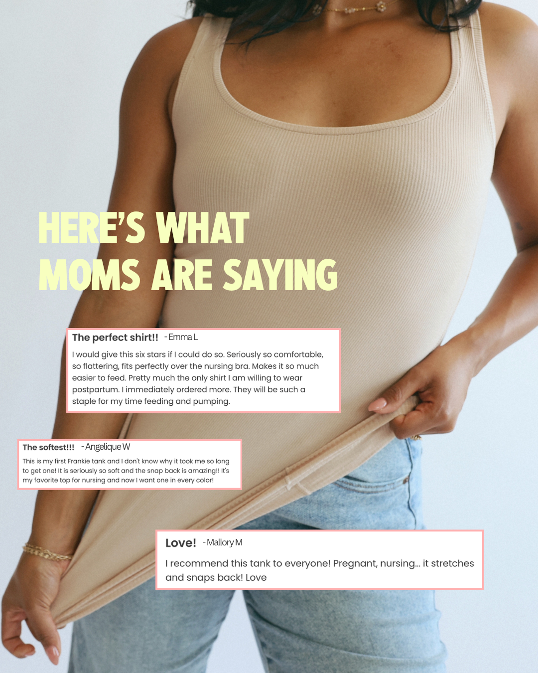 Mom stretching the Frankie Tank nursing tank with customer reviews calling it the perfect postpartum shirt, so soft with amazing snap-back